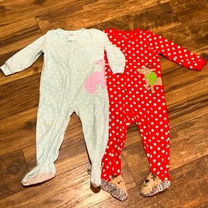 Carters footed pajamas red Christmas reindeer blue/purple dinosaur polkadots 24m